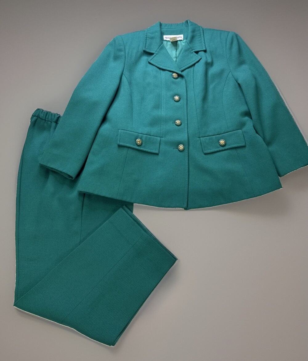 Vintage Diane Roberts Teal 2 Pc Pant Suit Women’s 12H(half) USA Career Blazer